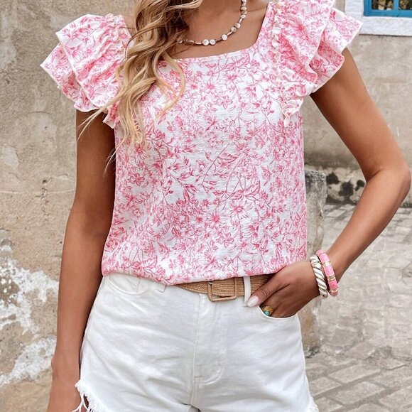 Pink Boho Women's Casual Ditsy Floral Print Ruffled Short Sleeved Shirt - Picture 4 of 6